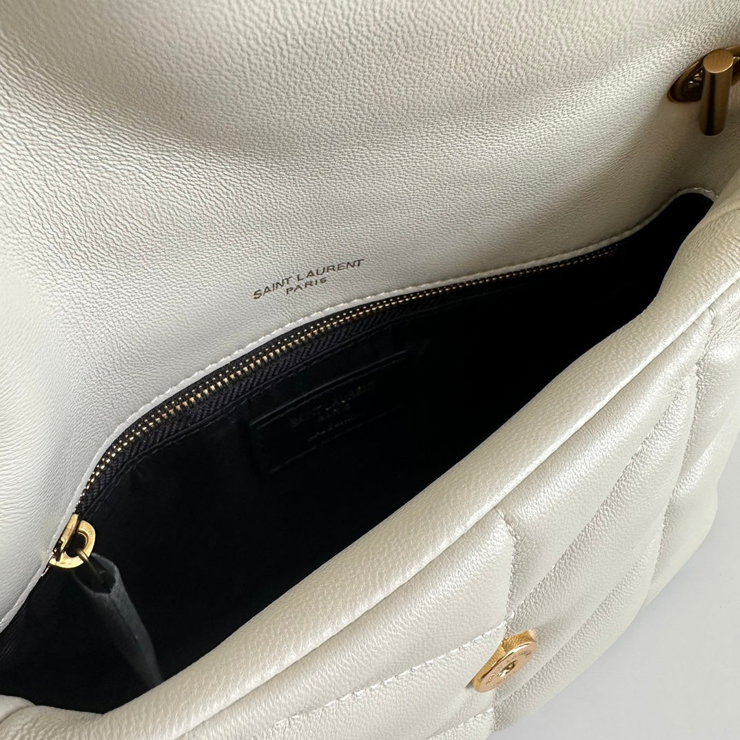 YSL Loulou Puffer Toy Quilted Lambskin Shoulder Crossbody Bag with Chain Strap White (23 x 15.5 x 8.5) cm